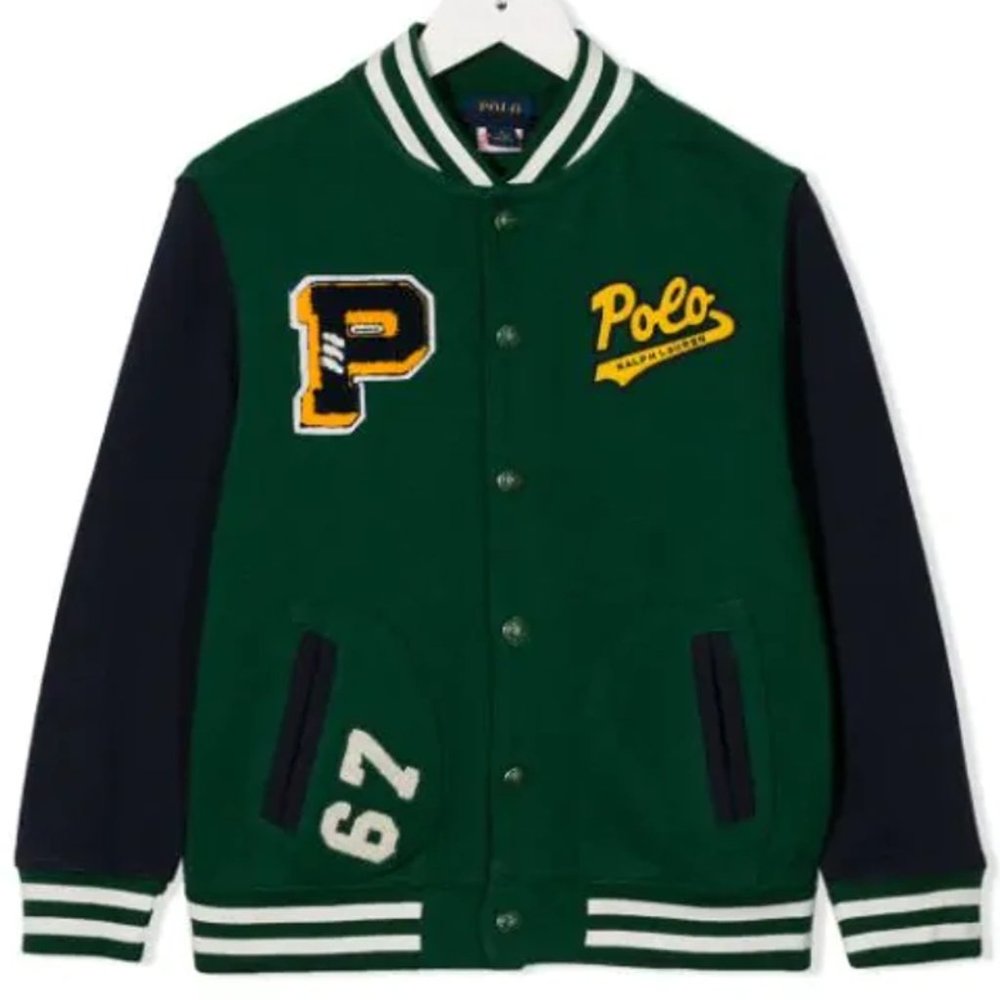KIDS' PATCH DETAIL VARSITY JACKET IN GREEN